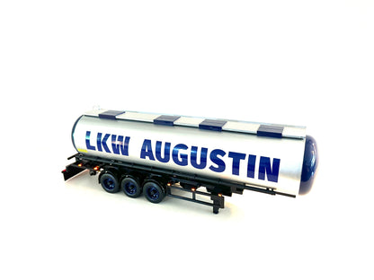 Sprittanker Seitenansicht in silber mit blauer Werbung LKW AUGUSTIN