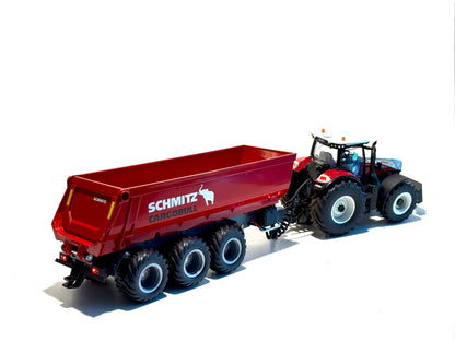 Seitenansicht:
Kipper in rot, Felgen in schwarz, mit Trecker